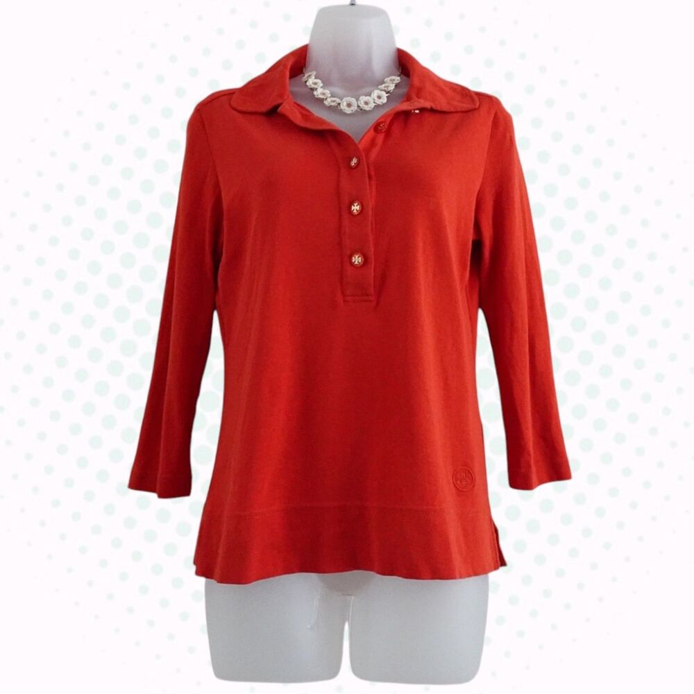 Tory Burch Red Orange 3/4 Sleeve Button Down Collared Polo Shirt Blouse Size S